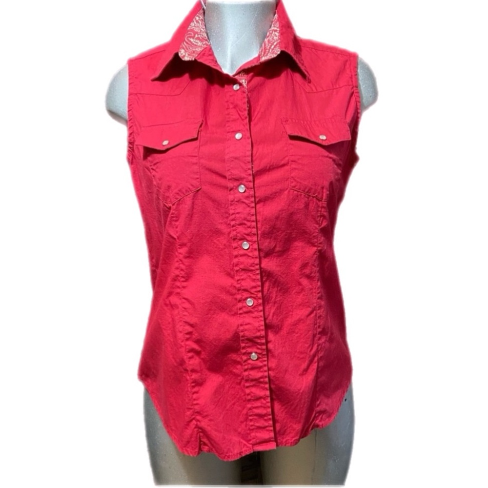 Cowgirl Legend Western Shirt Red Pearl Snap Buttons Sleeveless Rodeo Ranch Large